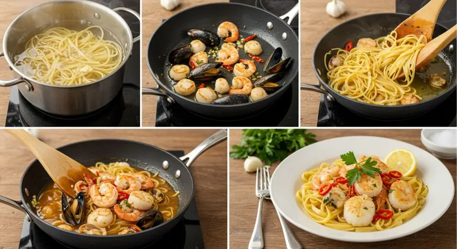 Step-by-step images showing the process of making Rao’s seafood pasta, from boiling spaghetti to sautéing seafood and finishing with garnished pasta.