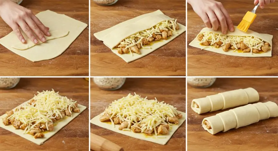 tep-by-step process of making chicken and cheese jalousie recipe, from spreading puff pastry to layering ingredients and sealing the pastry.