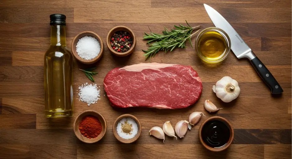 A fresh raw top round steak placed on a wooden cutting board, surrounded by key ingredients like sea salt, black pepper, garlic powder, smoked paprika, olive oil, Worcestershire sauce, fresh rosemary, and garlic cloves.