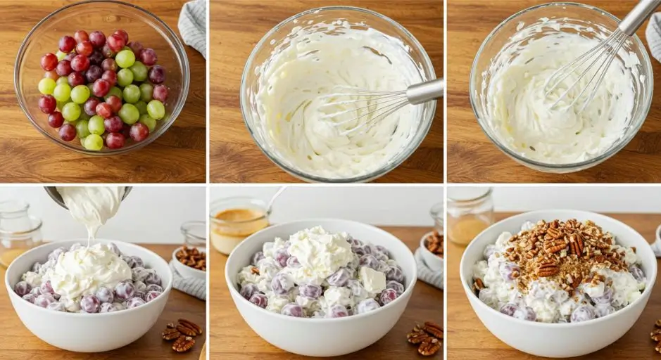 A step-by-step collage showing the process of making Chicken Salad Chick-inspired grape salad, including washing grapes, mixing a creamy dressing, folding the ingredients together, and garnishing with pecans.