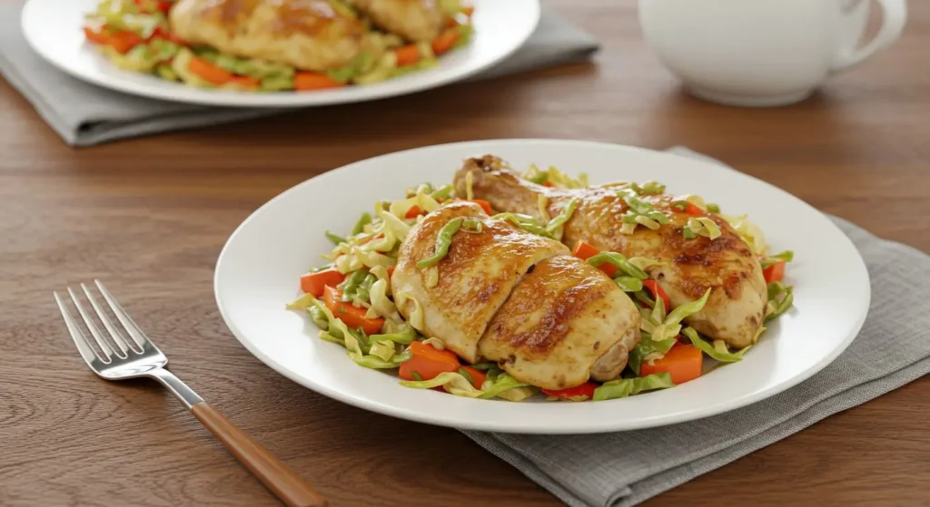 A plate of easy chicken and cabbage dinner, featuring juicy chicken and sautéed cabbage with colorful vegetables.