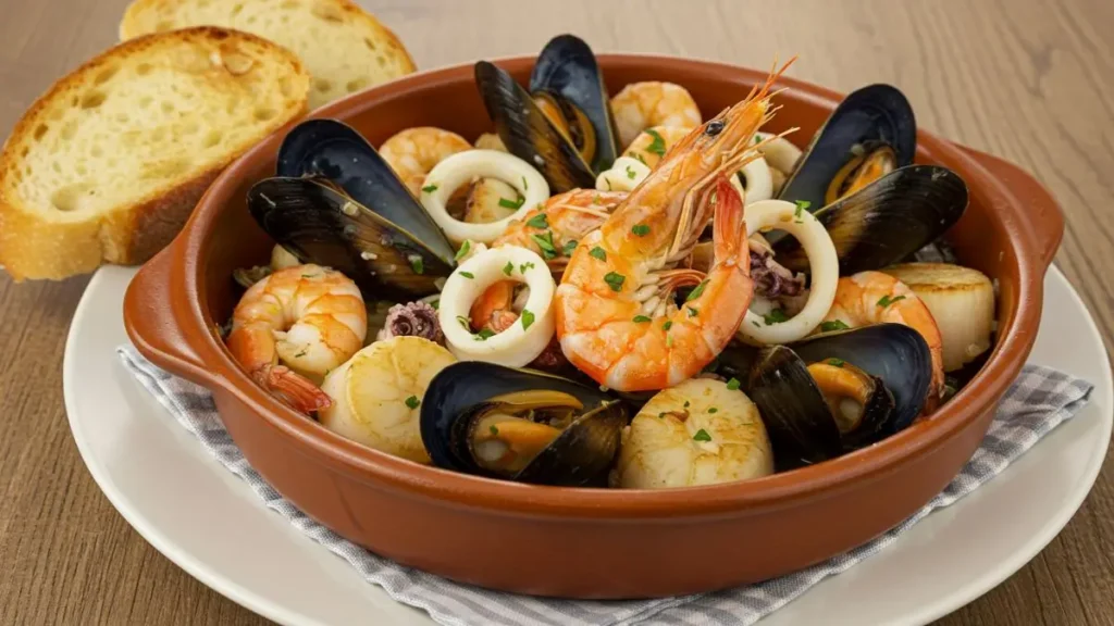 A vibrant seafood mix featuring shrimp, mussels, squid, and scallops in a garlic butter sauce, garnished with parsley and served with lemon wedges.