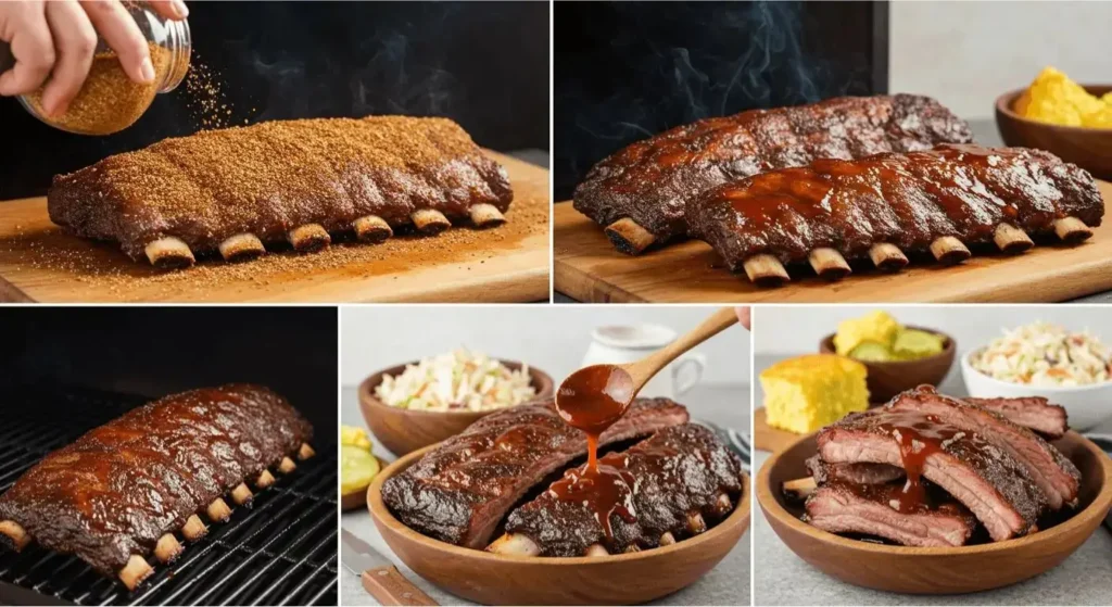 A plate of tender and juicy beef back ribs, coated in a rich barbecue glaze, served with a side of coleslaw and garnished with fresh parsley on a rustic wooden table.