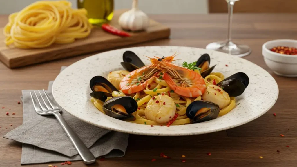 Rao's seafood pasta recipe with shrimp, mussels, and scallops, served with a rich garlic sauce and garnished with fresh parsley.