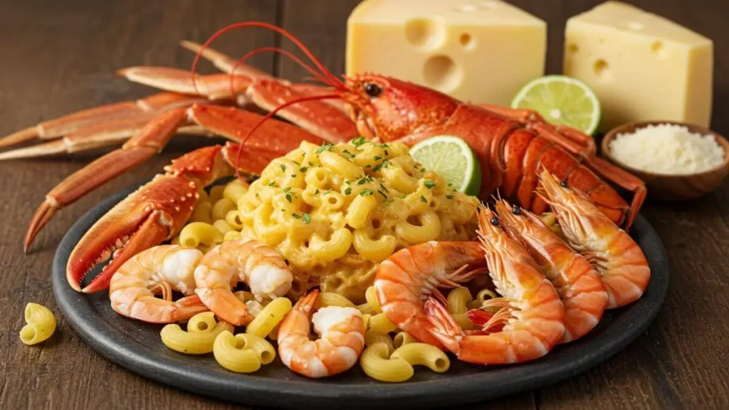 An assortment of fresh seafood, including shrimp, lobster, and crab, arranged with macaroni and cheese ingredients like pasta and cheese.