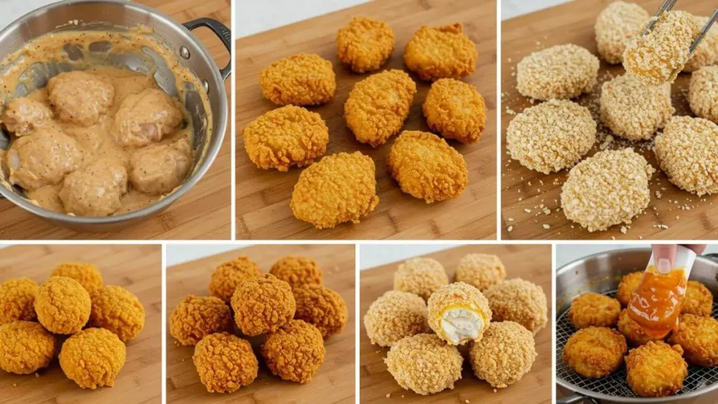 Step-by-step preparation of Chick Fil A-style grilled chicken nuggets, showing marinated chicken, grilling process, and the final golden nuggets on a plate.