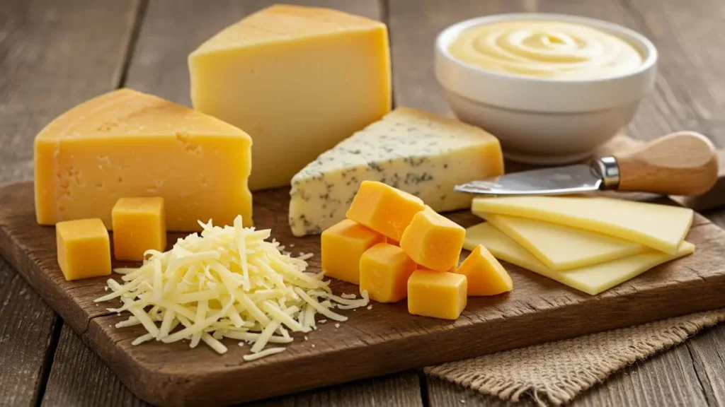 An assortment of cheeses, including cheddar, Parmesan, and Gruyère, arranged on a wooden board with a bowl of creamy cheese sauce in the background.