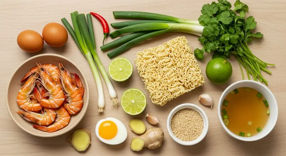 A collection of key ingredients for shrimp and ramen noodles, including shrimp, ramen noodles, a soft-boiled egg, green onions, garlic, ginger, lime, and sesame seeds.