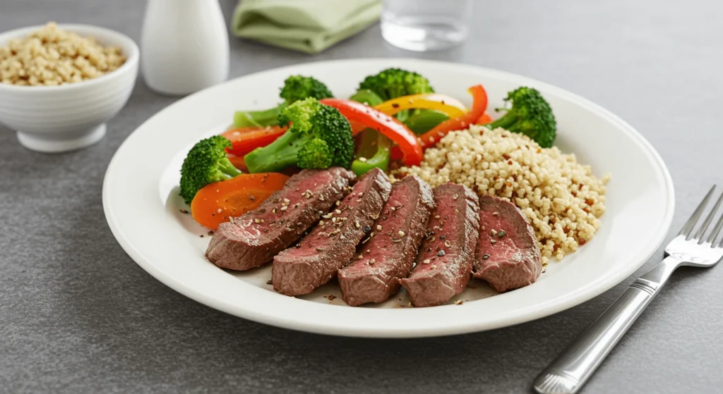 Healthy round steak with fresh vegetables and quinoa, served on a clean plate.