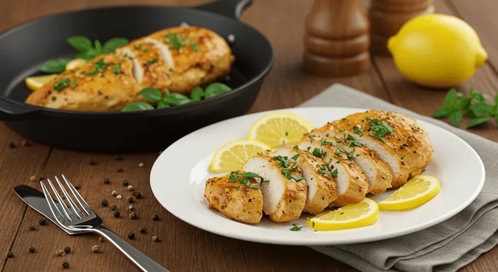 Thin-sliced chicken breast recipes displayed with golden-brown chicken, fresh herbs, lemon slices, and a side of rice and vegetables.