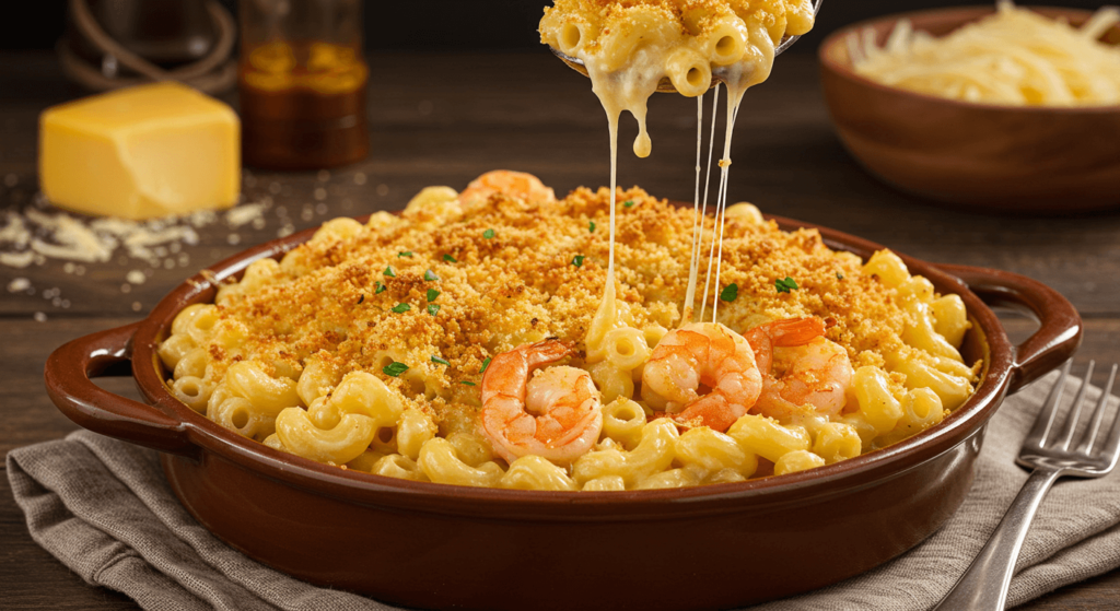 Creamy Seafood Mac N Cheese with shrimp, lobster, and crab, topped with golden breadcrumbs.