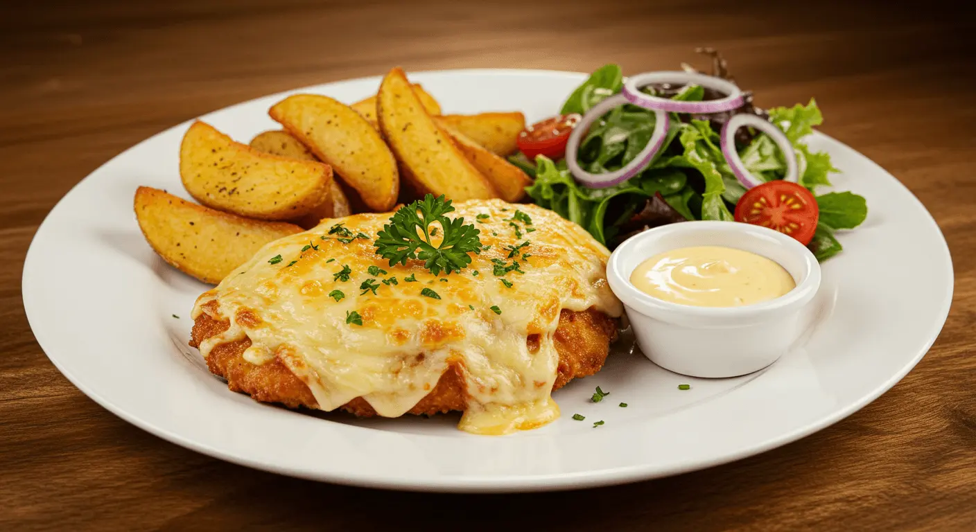 Golden-brown Alice Springs Chicken topped with melted cheddar cheese, crispy bacon, and fresh parsley, served with a side of potato wedges, a creamy honey mustard dipping sauce, and a colorful mixed greens salad.