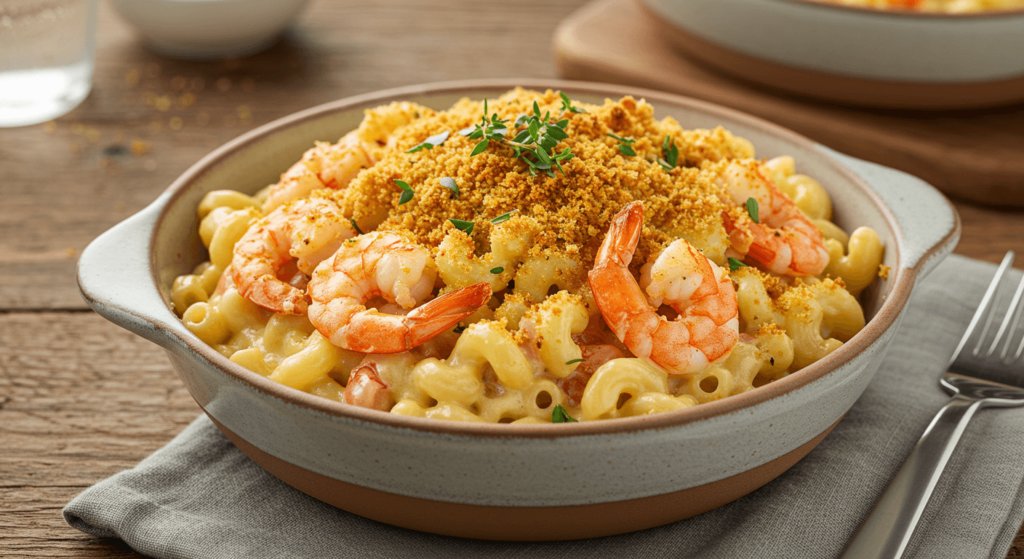 Bowl of creamy Seafood Mac N Cheese with shrimp, lobster, and crab, topped with golden breadcrumbs.