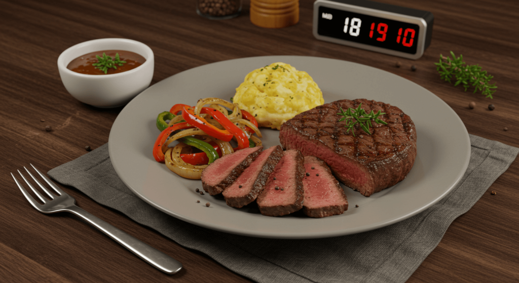 Raw round steak on a cutting board with fresh herbs, ready to be prepared into a delicious meal.