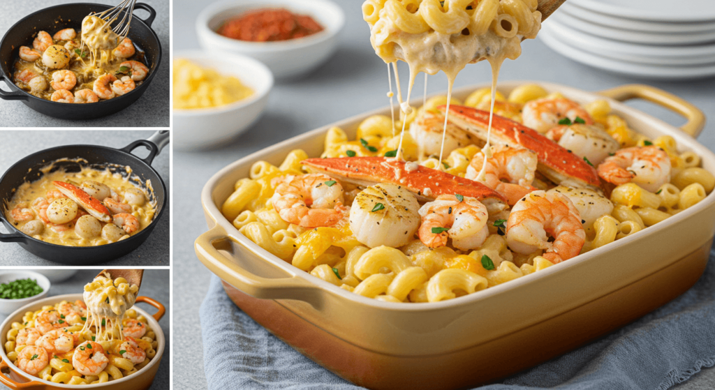 A bowl of creamy Seafood Mac N Cheese with shrimp, lobster, and crab topped with a crispy breadcrumb crust.