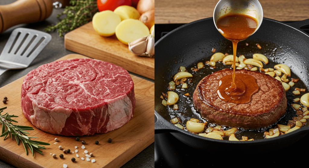 A simple and delicious round steak dinner with sautéed bell peppers and mashed potatoes, perfect for a quick meal.