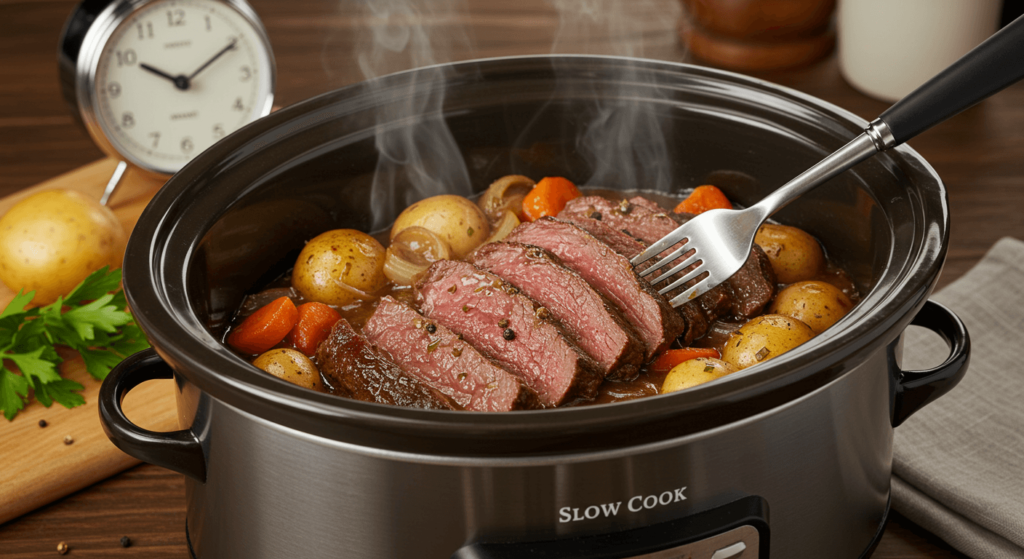 Tender round steak in a slow cooker with vegetables like carrots and onions, simmering to perfection for a busy day.