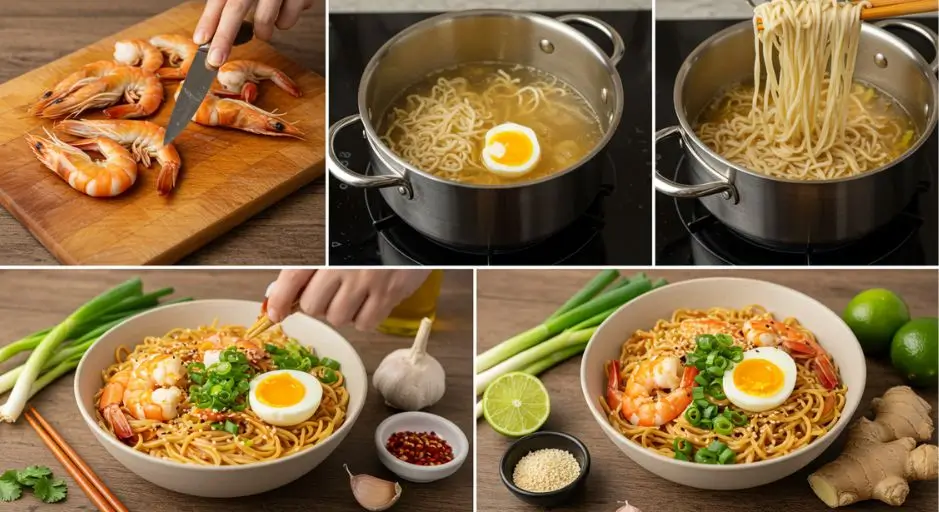 Step-by-step process of making shrimp and ramen noodles, featuring shrimp being prepared, broth simmering, noodles cooking, and the final dish garnished.