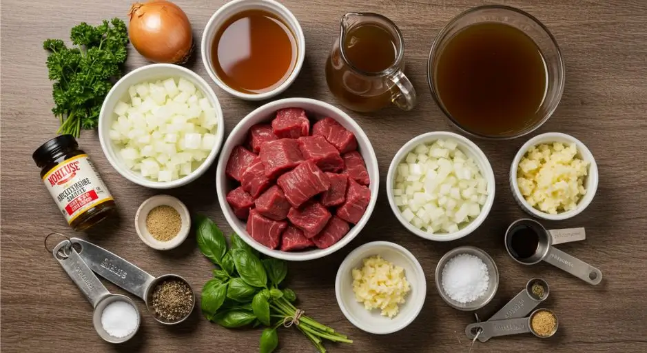  Fresh ingredients for no peek beef tips recipe, including beef chunks, diced onions, minced garlic, beef broth, Worcestershire sauce, and seasonings, arranged on a rustic wooden surface.