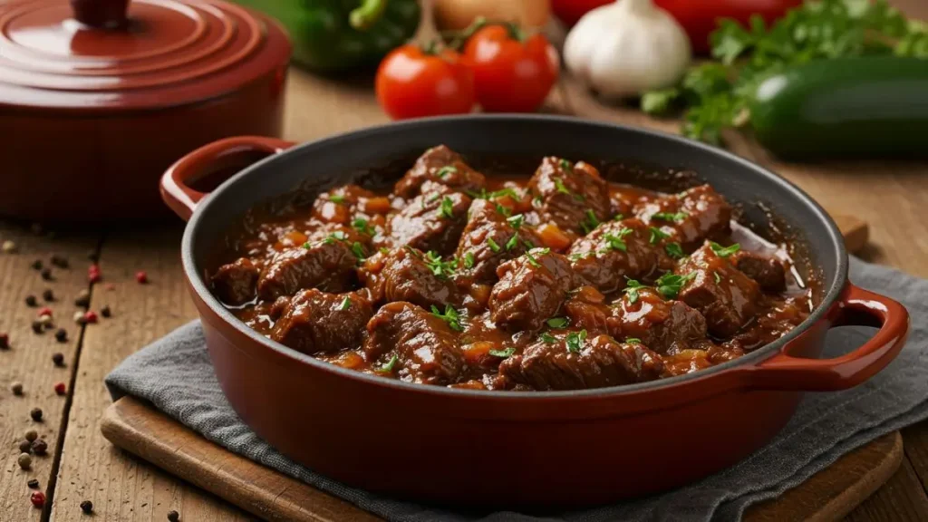 A bowl of no peek beef tips recipe served with a rich, savory sauce and garnished with fresh herbs, alongside a rustic wooden table and fresh vegetables.